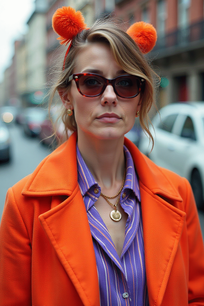 Catherine Summers in a color-block coat and larger than usual shades.