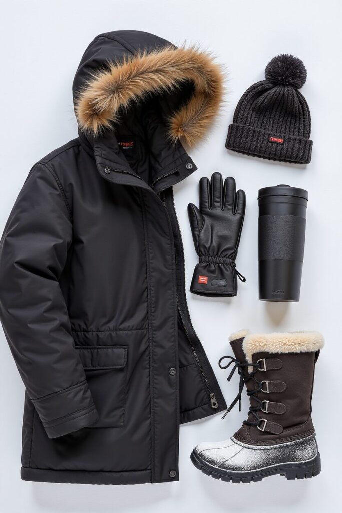 Flat-lay of winter jacket essentials including a quilted coat, gloves, a beanie, a hot drink tumbler, and snow-covered boots