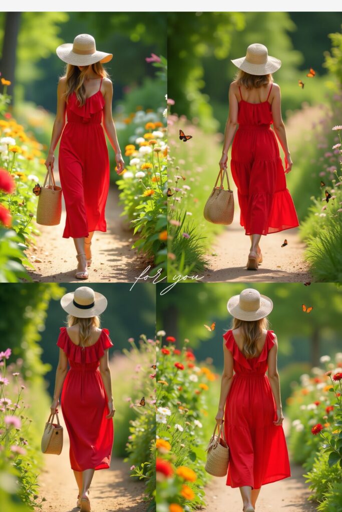 Red Sundress, Straw Hat, and Neutral Wedges