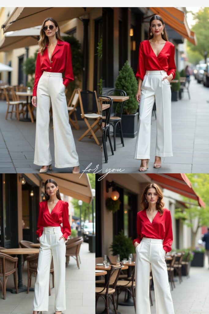 Red Wrap Top with White High-Waist Trousers.