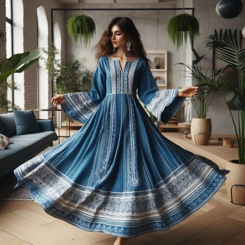Long Flared Kurti with Weaving in Ikat design