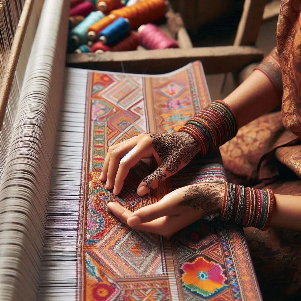 Artisan making Long Flared Kurti with Weaving