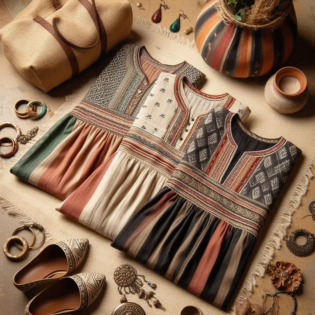 Long Flared Kurti with Weaving with matching accessories